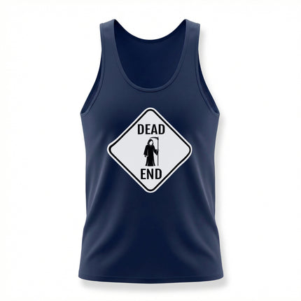 Dead end warning sign graphic with a grim reaper on a navy tank top.