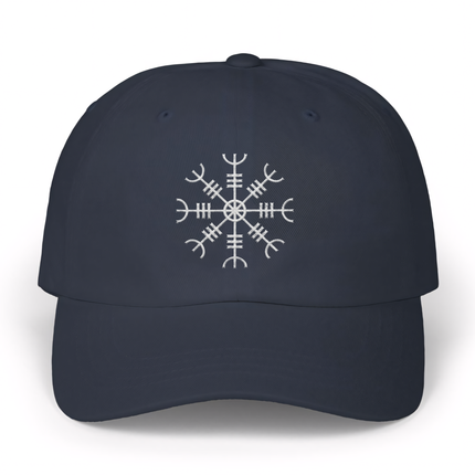 Norse Aegishjalmur symbol embroidered on a dark Viking baseball cap.