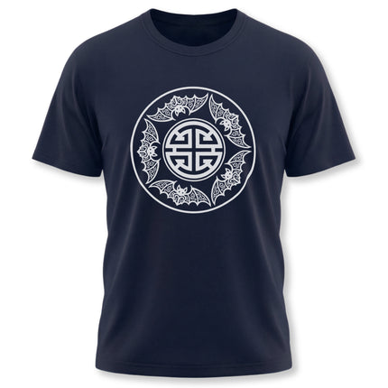 T-shirt featuring Chinese Five Blessings graphic with bats and auspicious cultural symbols.