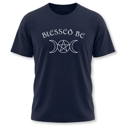 Pagan t-shirt featuring "Blessed Be" text, pentagram, and triple moon goddess symbol.