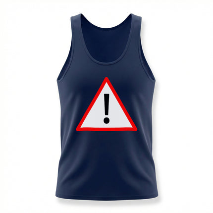 Navy tank top featuring a red warning sign triangle with a prominent exclamation mark graphic.