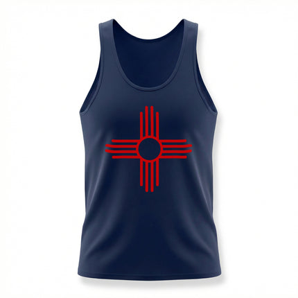 Red Zia Sun Symbol graphic on a navy blue tank top.