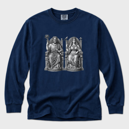 Zeus and Hera Greek mythology statue art graphic tee featuring classical Greek gods.