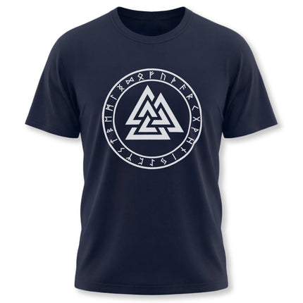 Norse Valknut and Elder Futhark runes graphic on a dark blue Viking mythology t-shirt.
