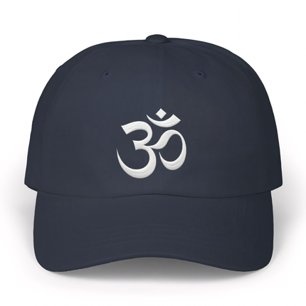 Navy dad cap with embroidered white Om (Aum) symbol for spiritual or yoga wear.