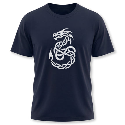 Celtic knotwork dragon graphic on a navy blue unisex t-shirt.