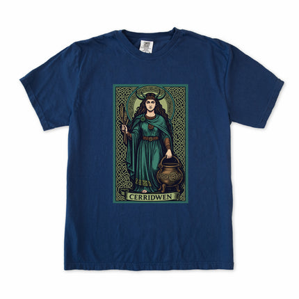 Cerridwen Celtic Goddess T-shirt featuring a mystical cauldron and witch mythology design print.