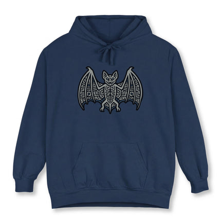 Mayan tribal bat symbol graphic on a unisex pullover hoodie.