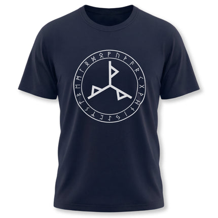 T-shirt featuring a white bind rune graphic surrounded by Norse runes.