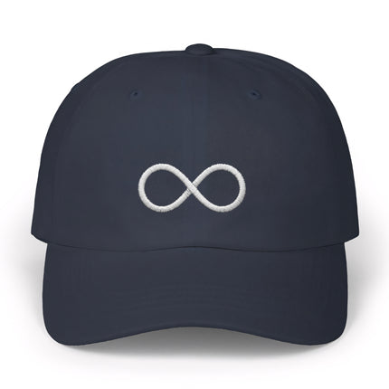 Navy baseball cap with white embroidered infinity symbol.
