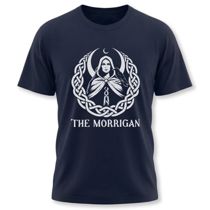 Celtic Morrigan Goddess t-shirt graphic featuring knotwork, raven, and moon mythology design.