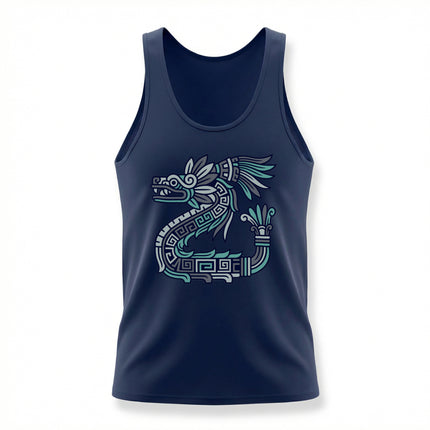 Aztec feathered serpent Quetzalcoatl graphic on a dark blue mythology tank top.