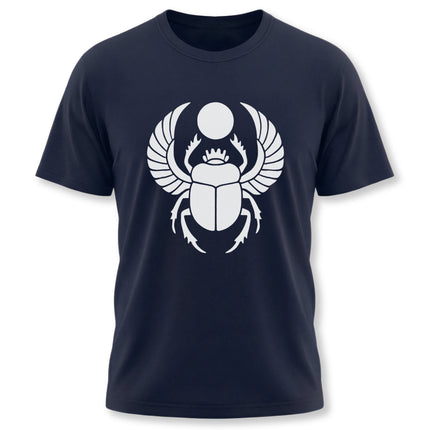 Ancient Egyptian Khepri scarab beetle graphic on a navy blue t-shirt.