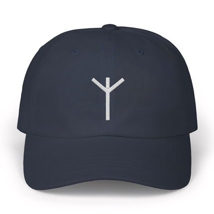 Embroidered Algiz Rune Norse symbol on a dark baseball cap.