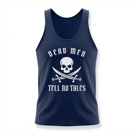 Dead Men Tell No Tales pirate skull and swords graphic tank top.