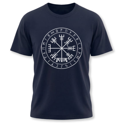 Norse Vegvisir rune compass graphic on a dark blue unisex t-shirt.