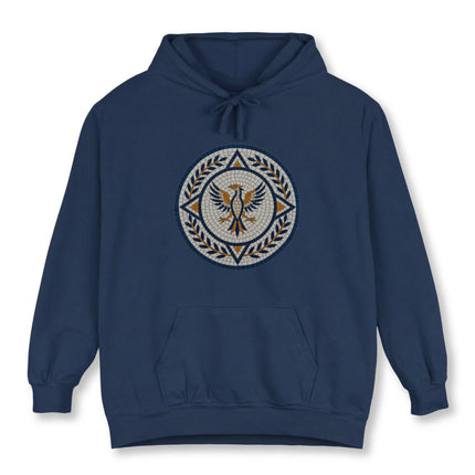 Phoenix eagle mosaic design on a navy hoodie, featuring a classical laurel wreath symbol.