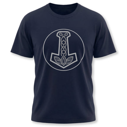 Minimalist Mjolnir graphic tee featuring Thor's hammer and Norse knotwork design.