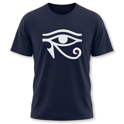 Eye of Horus Egyptian symbol graphic on a navy blue unisex t-shirt.