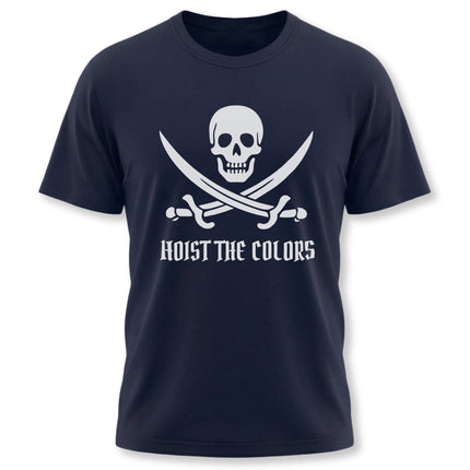 Pirate skull and crossbones graphic t-shirt with "Hoist the Colors" text.