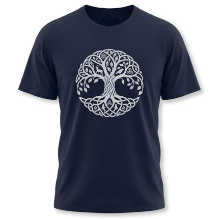 Celtic Tree of Life Yggdrasil World Tree graphic on a navy t-shirt.