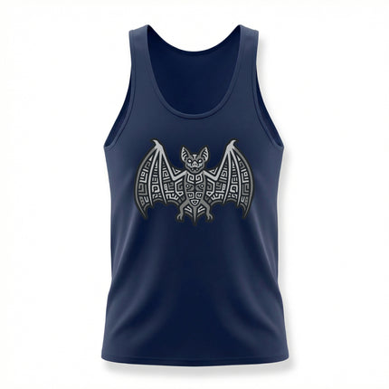 Stylized Mayan tribal bat graphic on a navy blue tank top.
