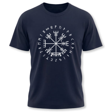 Viking Vegvisir rune compass graphic on a dark t-shirt with surrounding Norse runes.