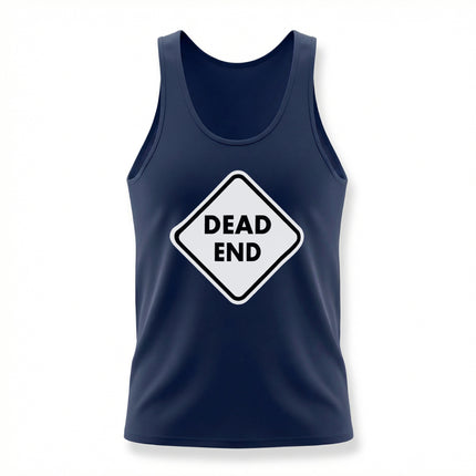 Dark blue tank top featuring a white "DEAD END" warning road sign graphic.