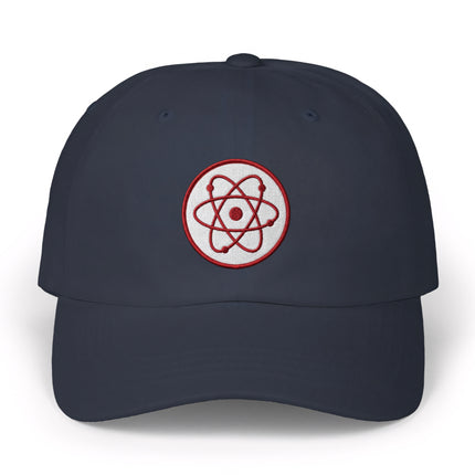 Embroidered atomic symbol baseball cap for science and physics enthusiasts.