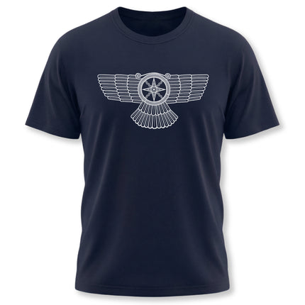 Winged Shamash sun symbol graphic on a navy t-shirt, representing Mesopotamian mythology and divine order.