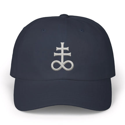 Navy baseball cap embroidered with the esoteric Leviathan Cross symbol.