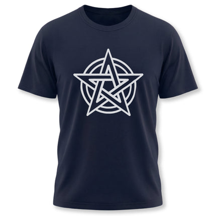 White pentagram pentacle symbol graphic on a dark navy t-shirt.