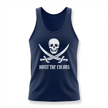 Navy tank top featuring a pirate skull and crossed swords graphic with the text "Hoist the Colors.