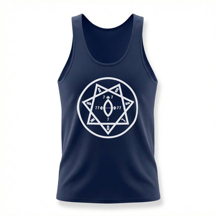 Navy tank top featuring the white Star of Babalon occult heptagram symbol.