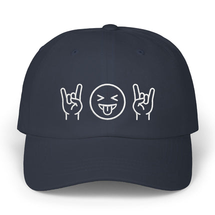 Black embroidered cap with rock hand signs and playful tongue out emoji design.