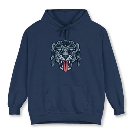 Tribal Mayan jaguar head art graphic on a navy pullover hoodie.
