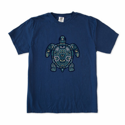 Mayan tribal geometric green sea turtle graphic tee shirt design.