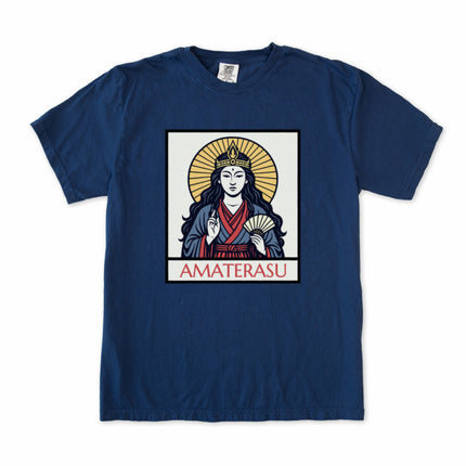 Amaterasu Sun Goddess Japanese mythology graphic t-shirt print featuring celestial art.