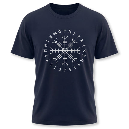 Viking runes and Aegishjalmur symbol on a navy graphic t-shirt.