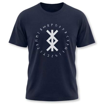 Graphic tee featuring Norse runes and the Bind Rune, symbolizing protection and Viking mythology.