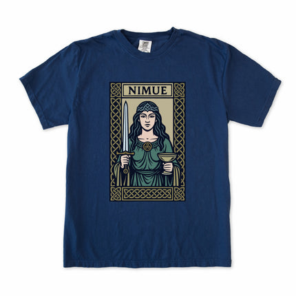 Arthurian Nimue Lady of the Lake tee with celtic sword and chalice graphic print.