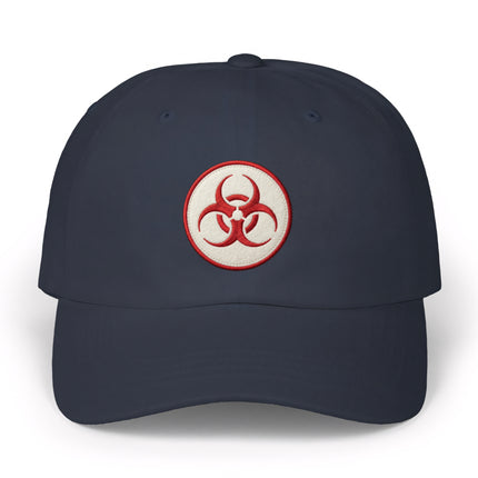 Navy baseball cap featuring an embroidered red biohazard symbol.