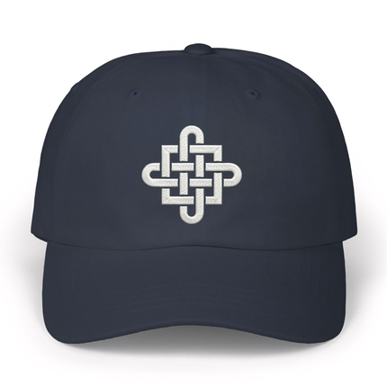 Embroidered Celtic Cross knotwork symbol on a navy blue baseball cap.