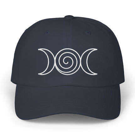 Triple Moon Goddess symbol embroidered on a dark cap. Lunar cycle pagan design.