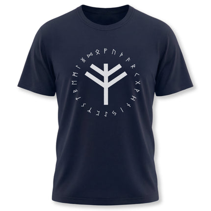 Norse rune t-shirt featuring the Elder Futhark alphabet and protective bind rune design.