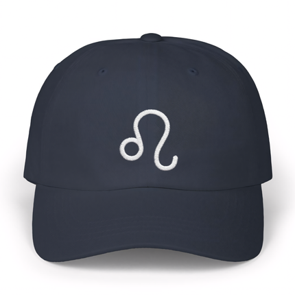 Navy dad hat with embroidered white Leo zodiac sign glyph. Perfect astrology gift.