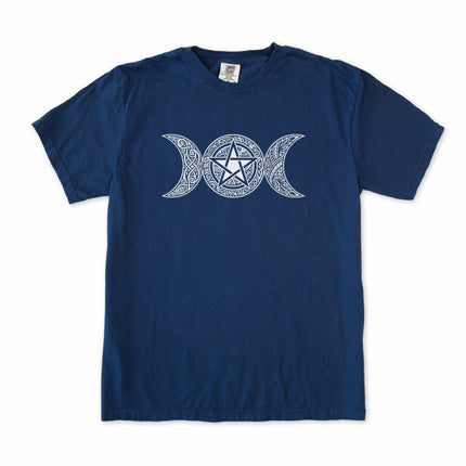 Triple Moon Pentacle graphic tee featuring Wiccan and Pagan symbols on a black t-shirt.