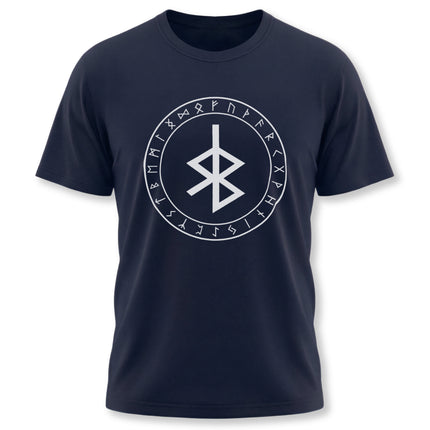Norse runes t-shirt featuring the Bind Rune and the Elder Futhark circle graphic design.