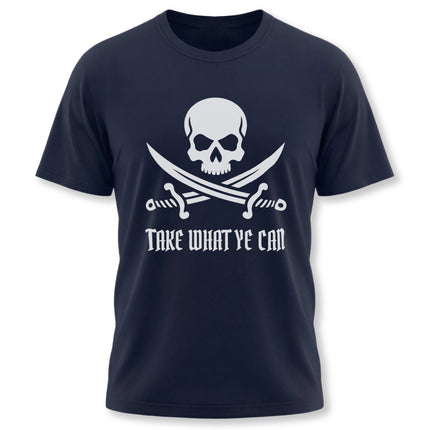 Pirate skull and crossed swords graphic t-shirt featuring the text "Take What Ye Can.