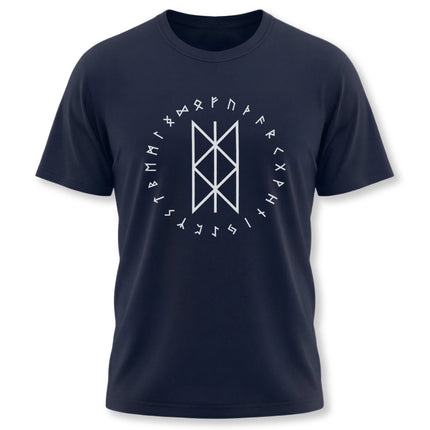 Viking rune circle and Web of Wyrd graphic tee featuring Norse symbols and ancient runes.